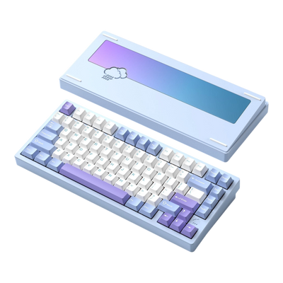 WOBKEY Rainy75 75% aluminum mechanical keyboard in a purple and white gradient with a rain cloud weight.