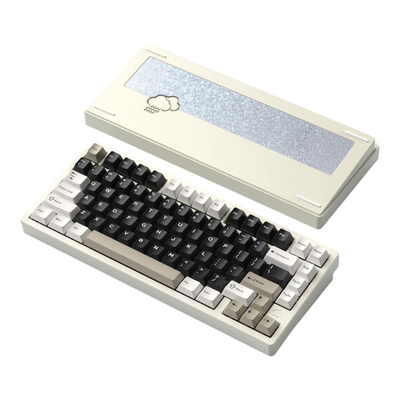 Wobkey Rainy75 75% aluminum mechanical keyboard with black and beige keycaps and a rain cloud back weight.