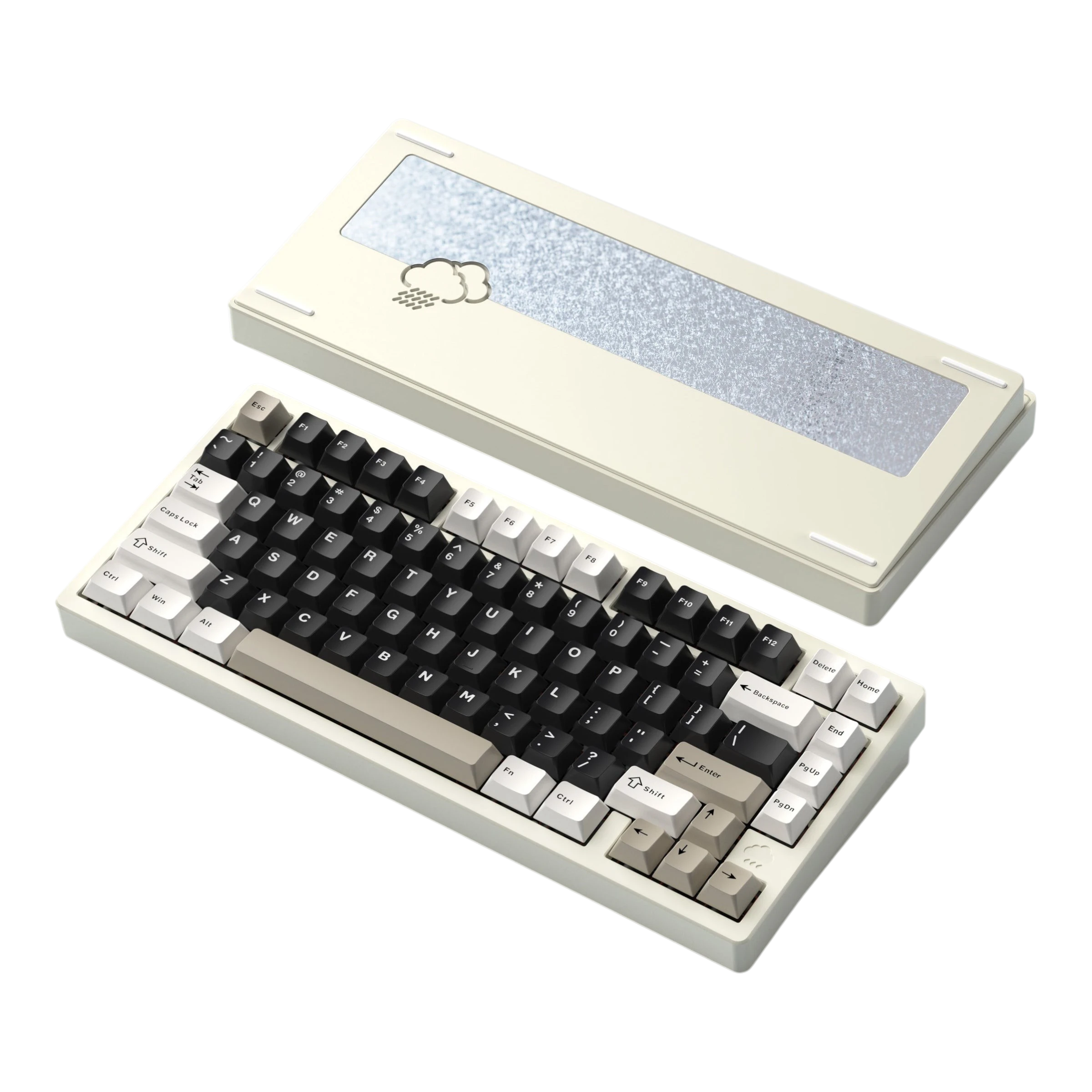 Wobkey Rainy75 75% aluminum mechanical keyboard with black and beige keycaps and a rain cloud back weight.