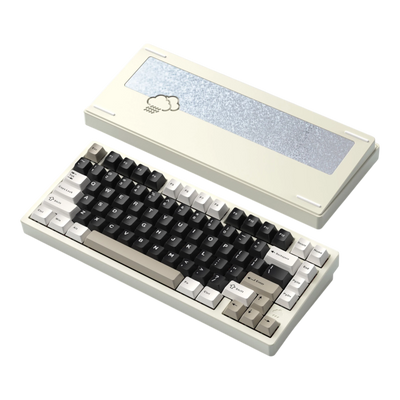 Wobkey Rainy75 75% aluminum mechanical keyboard with black and beige keycaps and a rain cloud back weight.