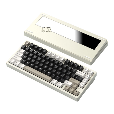 WOBKEY Rainy75 75% aluminum mechanical keyboard with black and beige keycaps and rain cloud back weight
