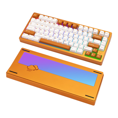 WOBKEY Rainy75 75% aluminum mechanical keyboard with white and brown keycaps and a rain cloud back weight