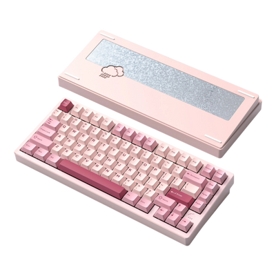 OZO Keyboards Rainy75 75% pink aluminum mechanical keyboard with custom rain cloud weight and PBT keycaps