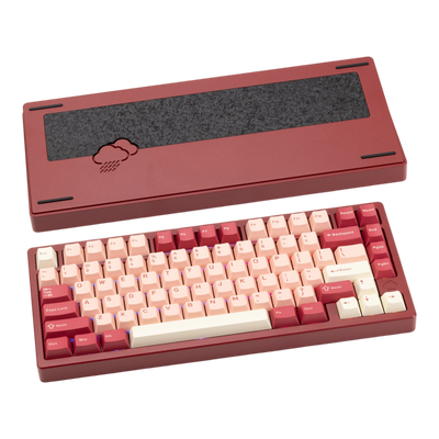 OZO Keyboards WOBKEY Rainy75 75% aluminum mechanical keyboard in maroon with cream keycaps and rain cloud weight
