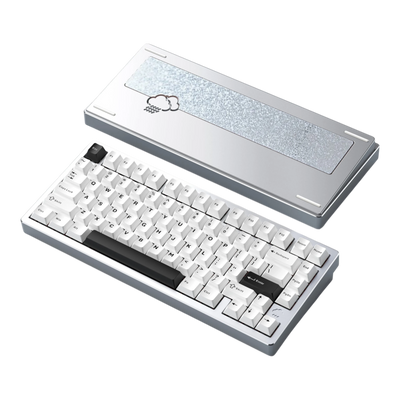 WOBKEY Rainy75 75% aluminum mechanical keyboard in silver with white keycaps and rain cloud weight