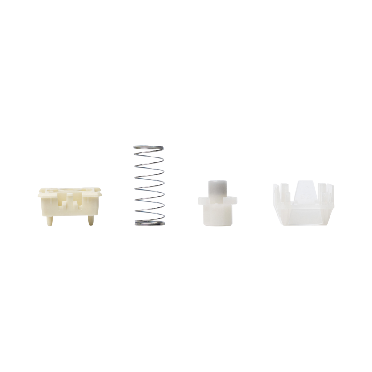 Meletrix Wuque Studio WS Flux Hall effect switch components including polycarbonate housing, spring, and POM stem