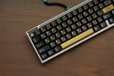 Keyboard with colorful keys on a wooden surface