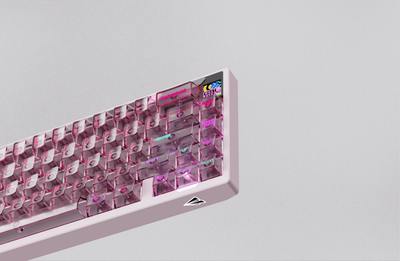 Pink mechanical keyboard on a light gray background
